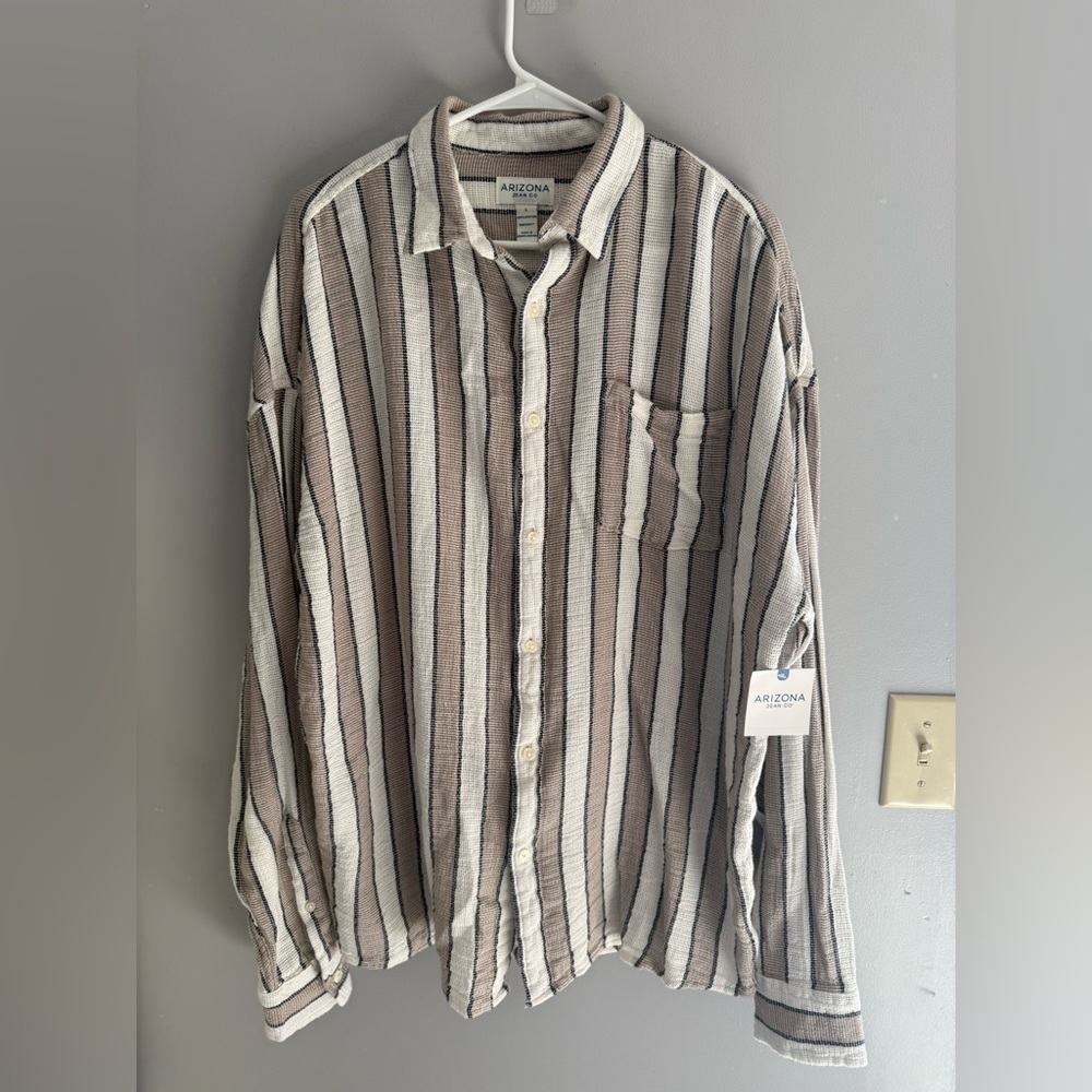 Arizona Mens Knit Long Sleeve Button Up Textured Collared Shirt SZ L Striped New